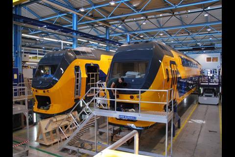 The first of 81 refurbished double-deck EMUs has been unveiled at NedTrain’s Haarlem workshops, ahead of its return to service later this year (Photo: Hans Scherpenhuizen).